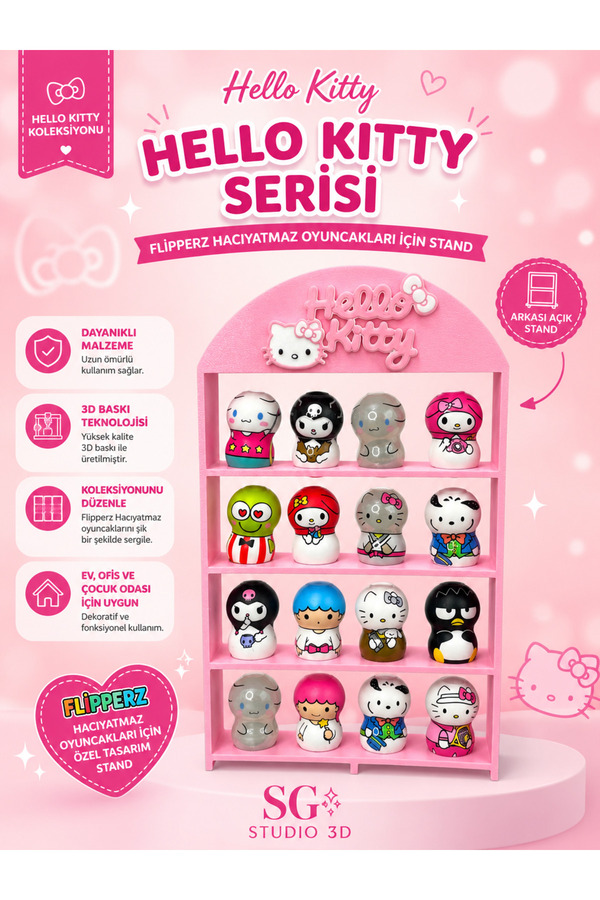 SG Studio Hello Kitty Temalı Flipperz Hacıyatmaz Oyuncakları için Stand - Arkası Açık- Pembe Oyuncak Organizer
