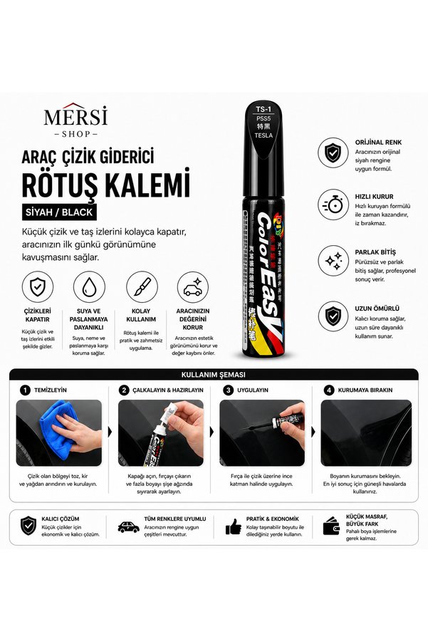 Mersi SHOP Araç Çizik Giderici Rötuş Kalemi Siyah Oto Boya Tamir Kalemi