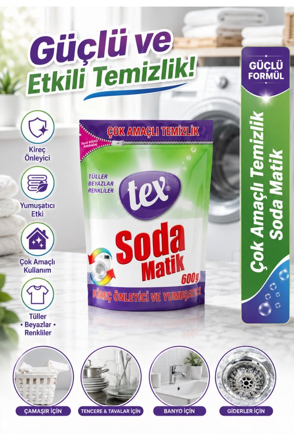 Tex Kireç Önleyici Yumaşıtıcı Çok Amaçlı Temizlik Soda Matik Çok Amaçlı Temizlik 600 ML Güçlü Formül