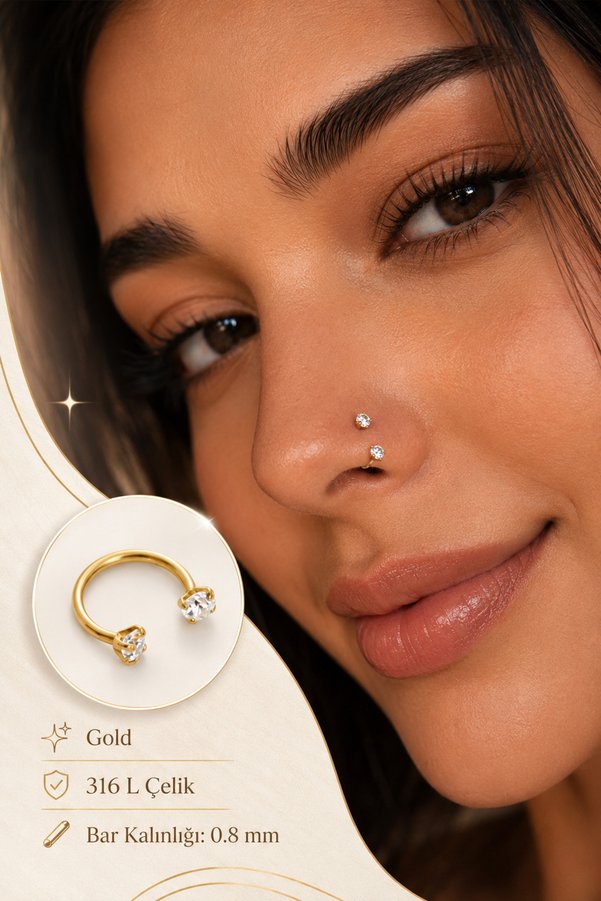 Sacce Scarves&Accessories Zirkon Taşlı Gold Yarım Halka Burun Piercingi 316L Çelik 0.8 mm