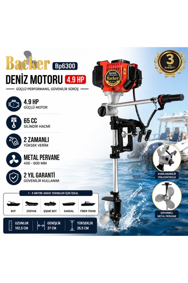 Backer Bp6300 Japon Profesyonel Dıştan Takmalı Benzinli Tekne Motoru 63cc 4 9hp