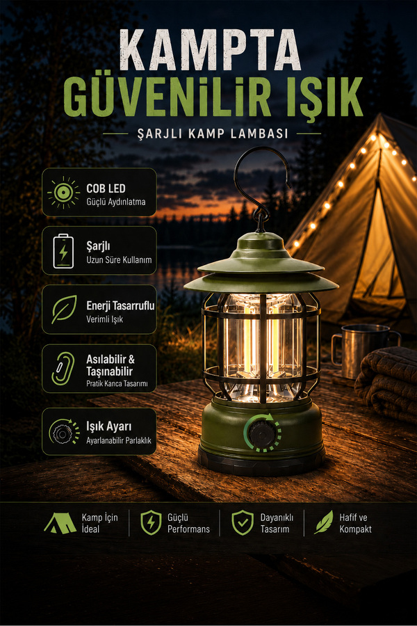 Telvesse Şarjlı Kamp Lambası LED Işık Ayarlı Askılı El Feneri Portatif Işıldak Gece Lamba Yeşil PR27