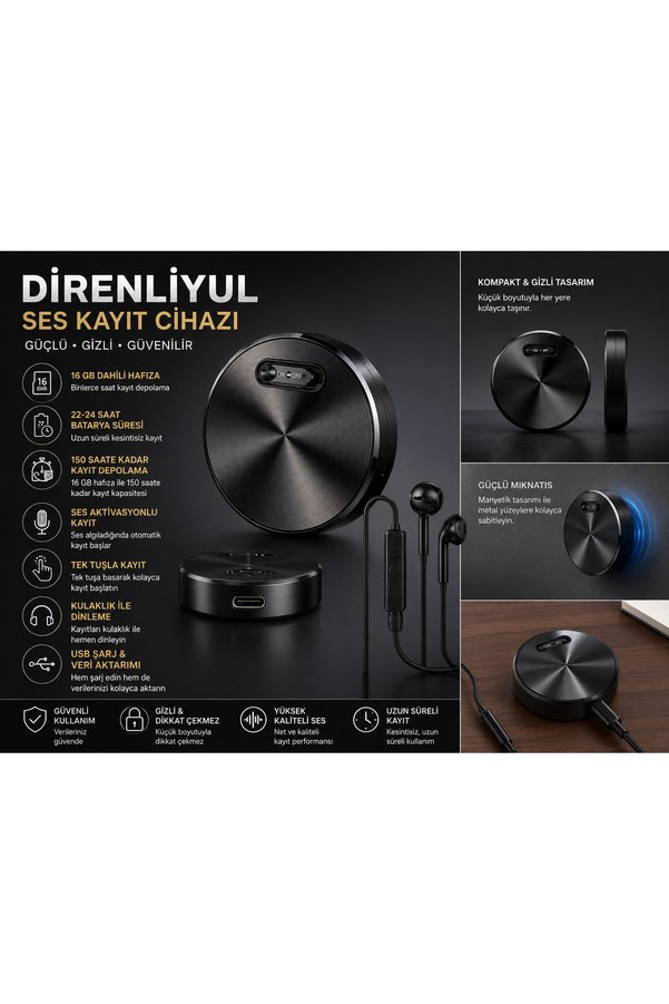 intermax Mıknatıslı Mini Ses Kayıt Cihazı 16 GB Dahili Hafıza ve USB Şarj Özellikli