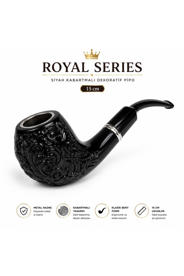 Han Tobacco Royal Series Siyah Kabartmalı Dekoratif Pipo 15 cm | Metal Hazneli Premium Bent Tasarım