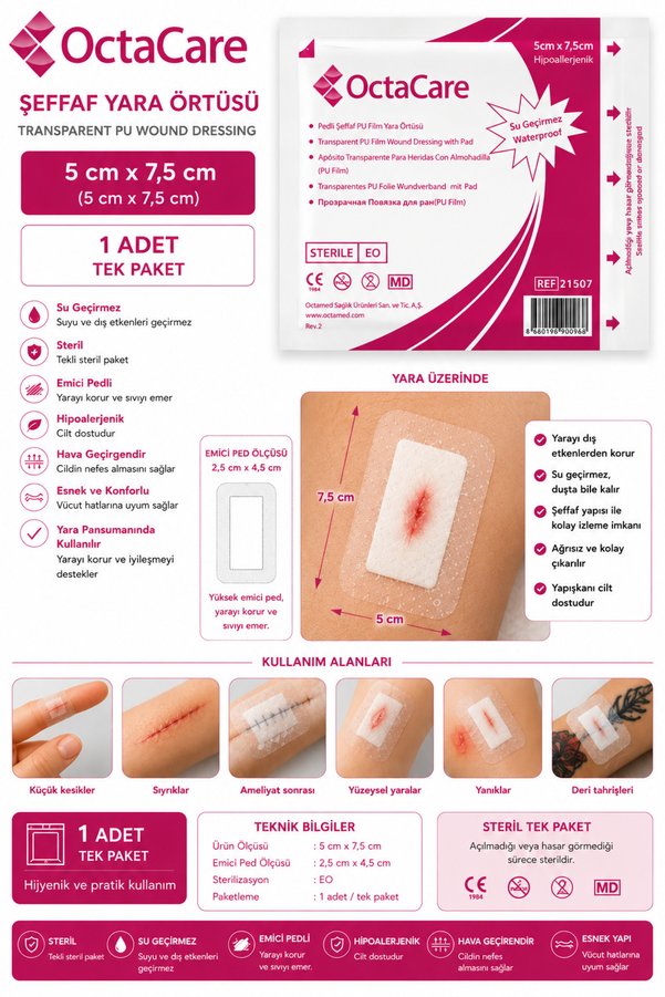 Octacare Su Geçirmez Şeffaf Pu Film Yara Örtüsü - Banyo Bandı 1 Adet