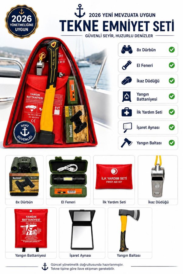 BCT STORE Yeni Yönetmeliğe Mevzuata Uygun Zorunlu Tekne Acil Durum Seti - Dürbün+Fener+Balta+Yangın Battaniyesi+Ayna+Düdük+İlkyardım Çantası 10 Metre Altı Tekneler İçin Teçhizat