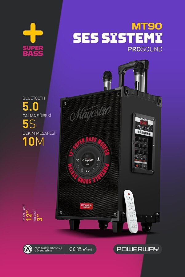 POWERWAY Şarjlı Çift Mikrofonlu Hoparlör Karaoke Sistemi Taşınabilir Amfi MT90 Bluetooth Hoparlör