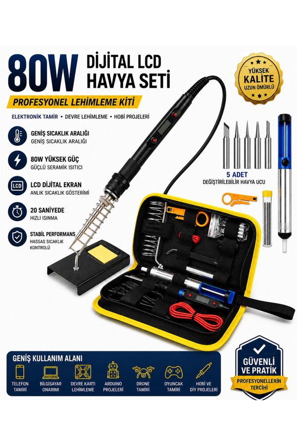 Havana “Kalite Ve Hesaplı” HVY80 80Watt Havya Seti 15 Parça Lehim Ahşap Yakma Kalemi Ayarlanabilir Sıcak Havya Makinesi Başlıkları ile Lehim Makinası