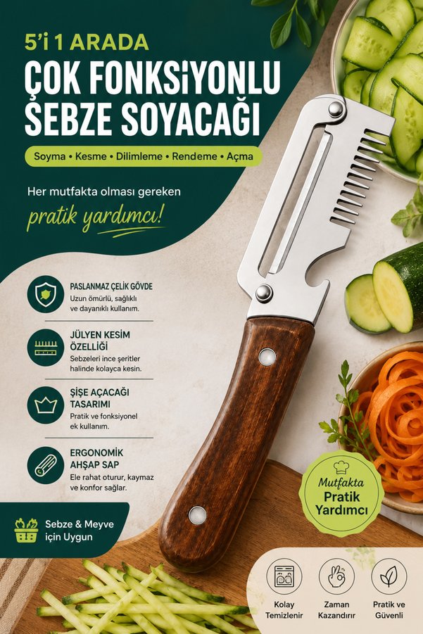 BEYZANA 5 i 1 Yerde Çok Fonksiyonlu Sebze Soyacağı Kesme Soyma Açma Rendeleme Dilimleme Dahil Paslanmaz Çelik