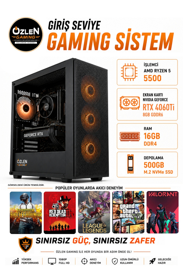 ÖZLEN X72 Ryzen 5 5500 RTX 4060 Tİ 8GB 16GB RAM 500GB M.2 SSD Oyuncu Bilgisayarı