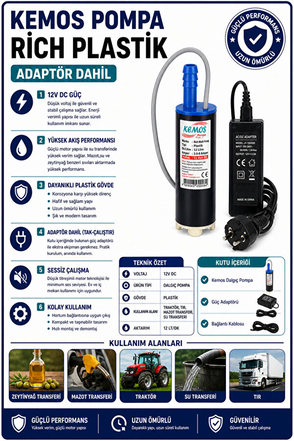 Kemos 220-12 Volt Ri̇ch Plasti̇k Dalgıç Adaptörlü Mazot Aktarma(Sıvı Transfer) Pompası
