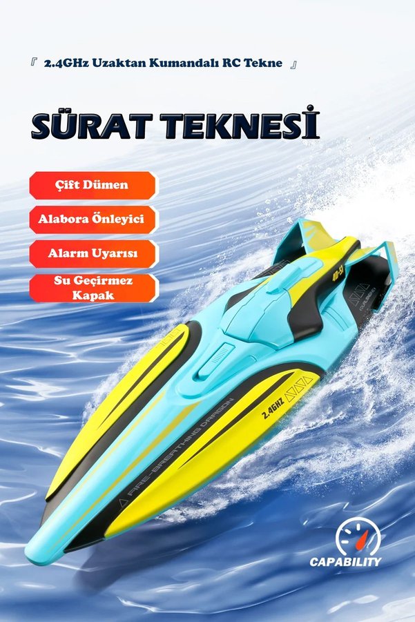 Mofy Baby 30 Km/h Hız Yapan RC Tekne Akıllı Alarm LED Işıklı 2.4GHz Uzaktan Kumandalı Sürat Teknesi Turkuaz