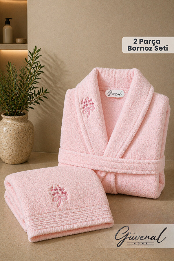 Güvenal Rüya 2 Parça Pamuk Nakışlı Bornoz Seti | Bornoz | Havlu | Çeyiz Seti - Pembe