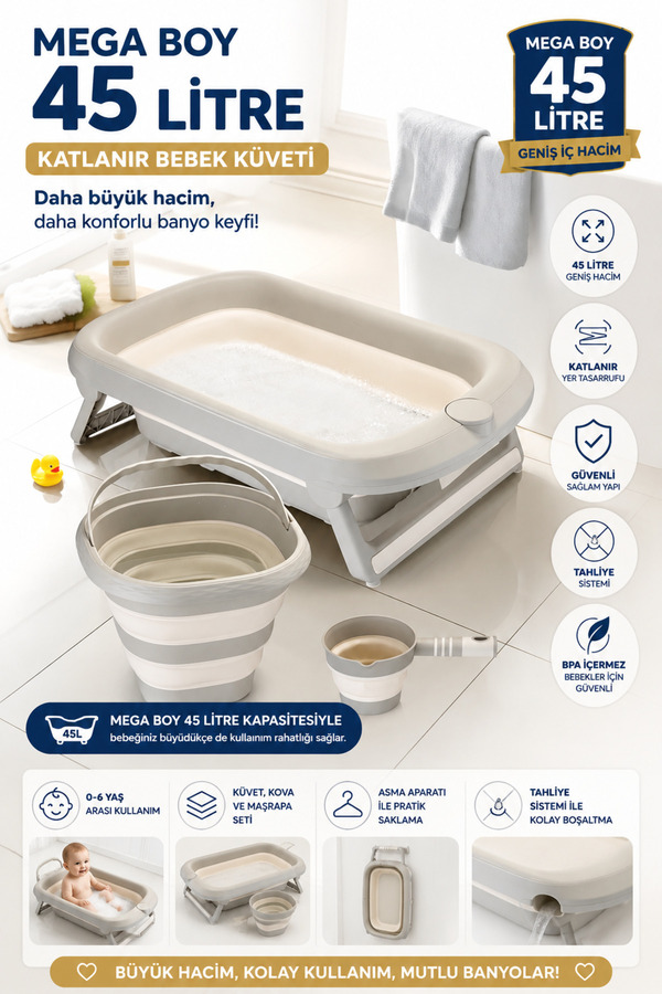 Zuu Baby Aqua Nest Bebek Küveti Lüks 3 Lü Set Katlanır 45 Litre Bej