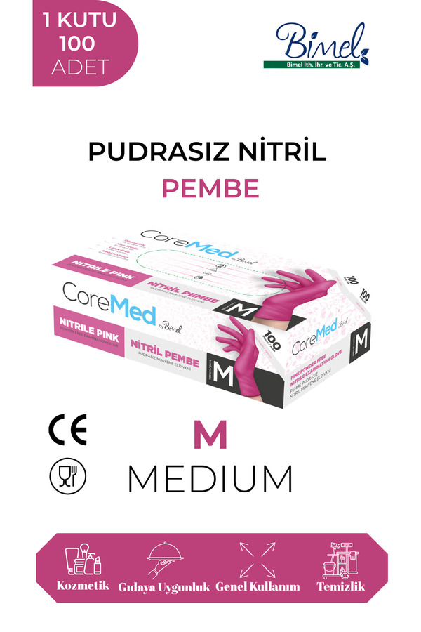COREMED Nitril Pembe Pudrasız Muayene Eldiveni M - 1 Paket 100 lü
