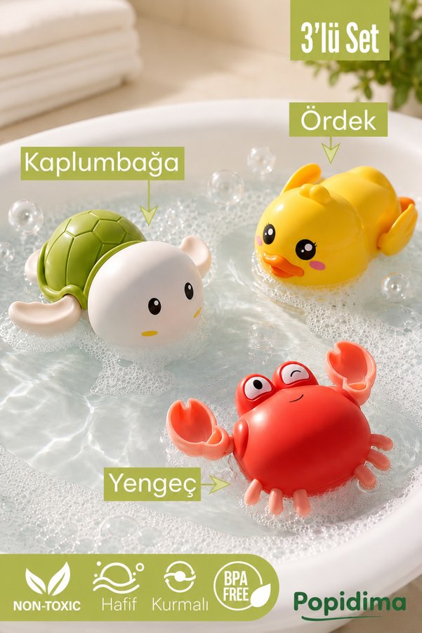 Popidima Yüzen 3’lü Su Oyuncağı Banyo Arkadaşı-Ördek Kaplumbağa ve Yengeç Kurmalı Banyo Oyuncakları