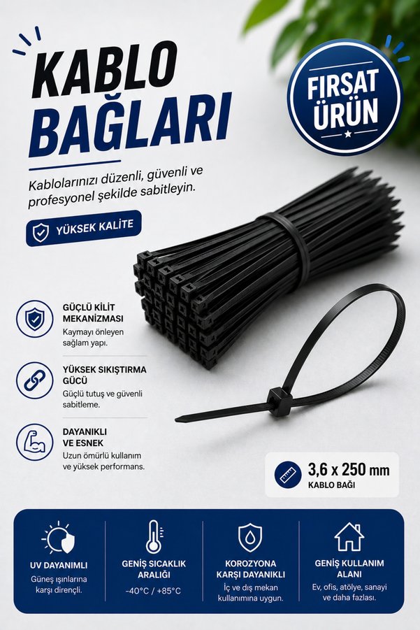 NEXTRA 3.6x250 mm Kablo Bağı - Siyah Cırt Kelepçe - Plastik Kelepçe