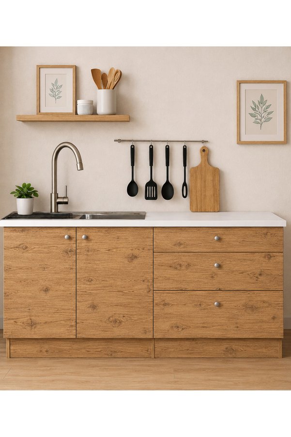 Tdesigno Barkın Alt Modül-Çok Amaçlı Dolap -160 cm -2 Kapaklı-3 Çekmeceli-Laminat Beyaz Tezgah Dahil