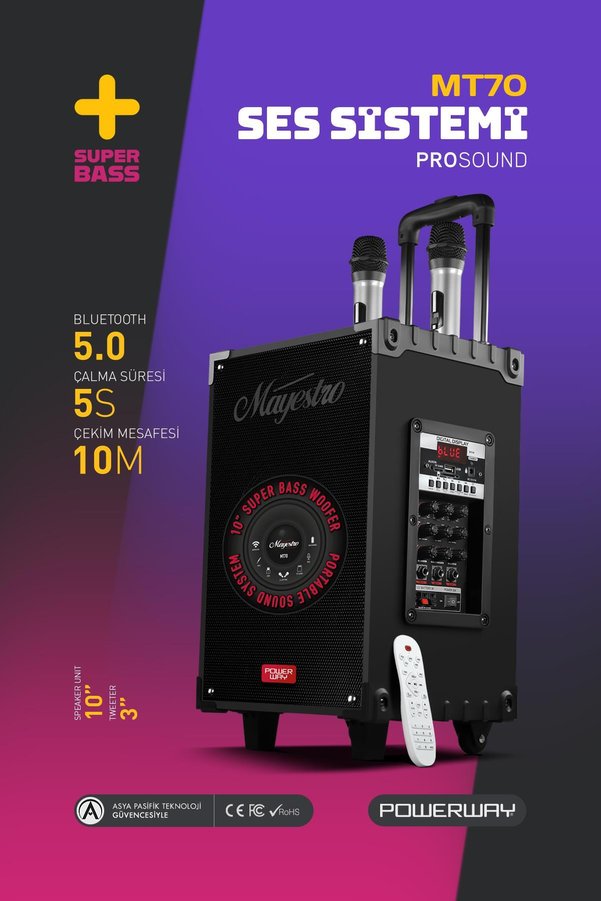 POWERWAY Şarjlı Çift Mikrofonlu Hoparlör Karaoke Sistemi Taşınabilir Amfi MT70 Bluetooth Hoparlör