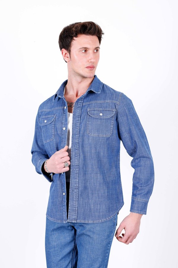 HLT JEANS Erkek Açık Mavi Likralı Denim Regular Kalıp Düğmeli Kot Gömlek John-3020