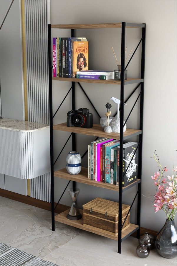 Mgr Office 150 Cm Dekoratif 5 Raflı Kitaplık Çok Amaçlı Raf Mutfak Rafı Metal Kitaplık Atlantik ÇAM