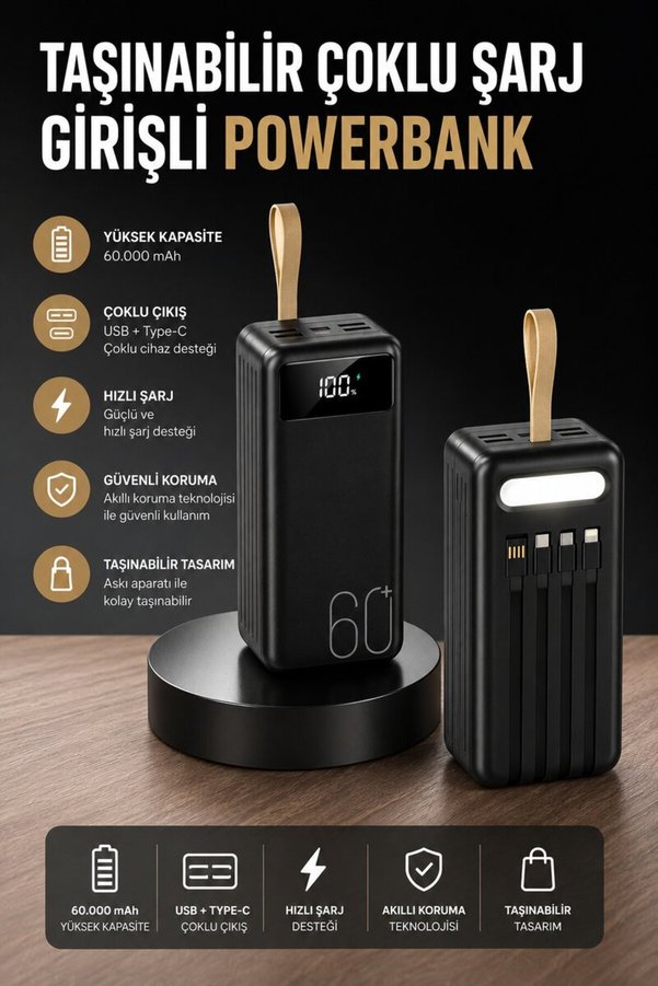 Ethab Gi̇yi̇m Powerbank 60.000 Mah 4 Portlu Uzun Şarj Süreli̇ Di̇ji̇tal Göstergeli̇ - Glst9816-2588