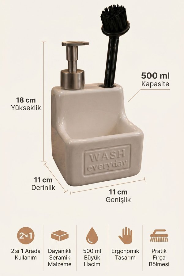 MAKRİ HOME 500 ml Krem Seramik Sıvı Sabunluk Deterjanlık Fırçalık 11x11x18 cm