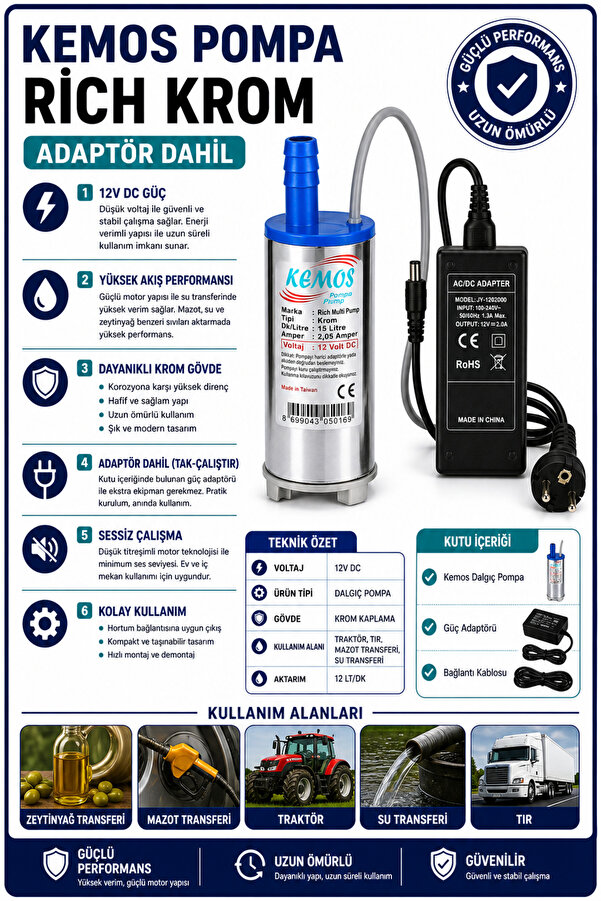 Kemos 220-12 Volt Ri̇ch Krom Dalgıç Adaptörlü Mazot Aktarma(Sıvı Transfer) Pompası