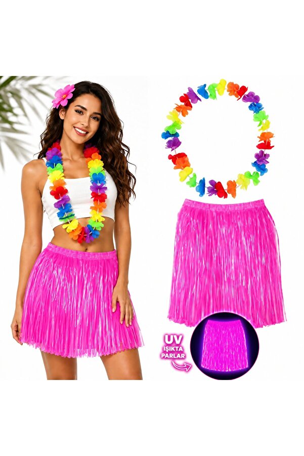 Evi̇mdeyokyok Neon Pembe Hawai̇i̇ Etek 40 Cm Ve Rengarenk Hawai̇i̇ Kolye