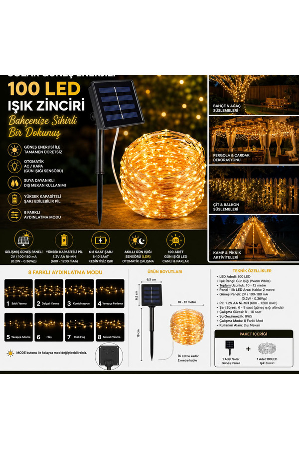 Evi̇mdeyokyok Solar 100 Led Gün Işığı Peri̇ Led Işık Zi̇nci̇ri̇ Bahçe Ve Balkon Aydınlatma