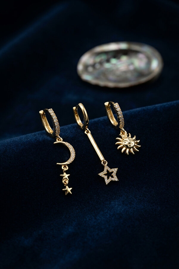 Evi̇mdeyokyok 3 Lü Set Ay Yıldız Ve Güneş Model Gold Renk Kadın Küpe Tj-Bkp11958