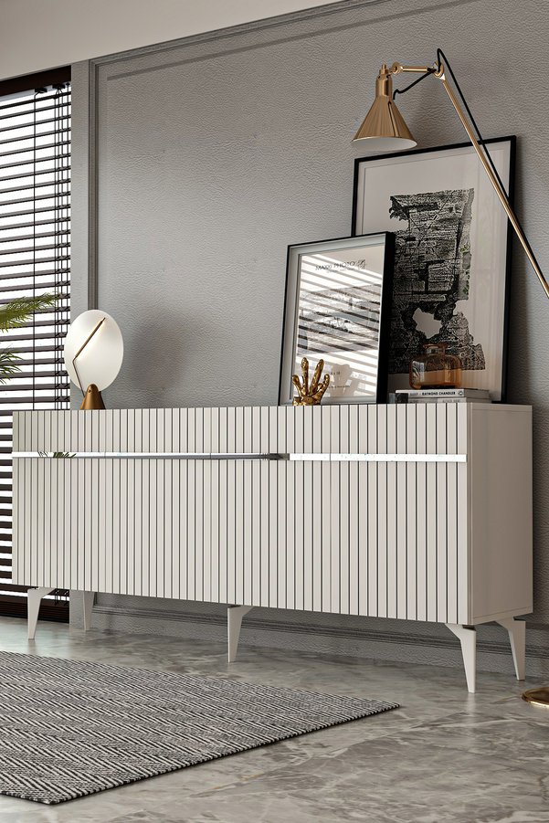 Dekortis Home Dekor 180DHDK5BG Tedy Lazer Pleksi Desen Konsol ve TV Sehpası Ünitesi Beyaz-Gümüş
