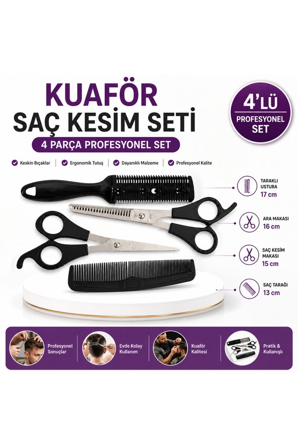 lawrenceshop 4 Parça Profesyonel Berber Seti Kuaför Saç Kesim Seti 15 cm Saç Kesim Makası 16 cm Ara Makası 17 cm Taraklı Ustura 13 cm Tarak Ergonomik Saplı Saç Kesme Seti