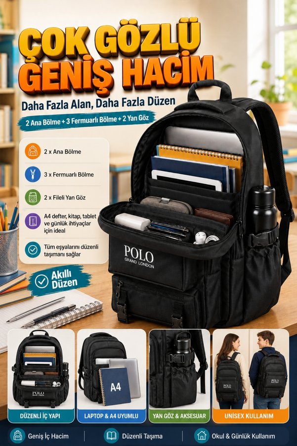 POLOGRAND London Orijinal Unisex Ortopedik Sırt Destekli Geniş Hacimli Çok Gözlü Ayarlanabilir Askılı Laptop Bölmeli Astarlı İlkokul Ortaokul Lise Üniversite İçin Öğrenci Yetişkin Çocuk Genç Büyük Siyah Okul Çantası
