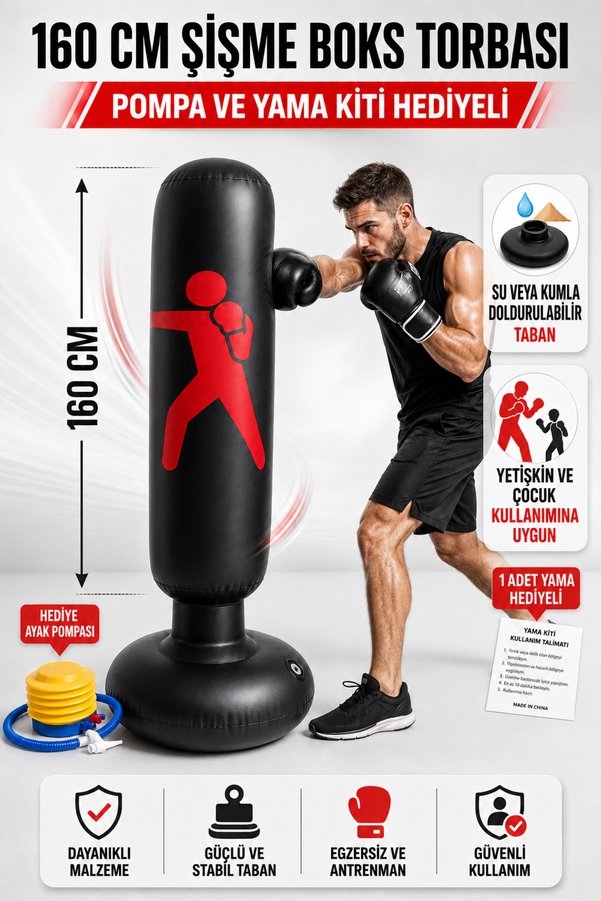 ALFAGİFT Şişme Boks Torbası – Yumruk & Tekme Antrenmanları için | Portatif Kickboks Torbası