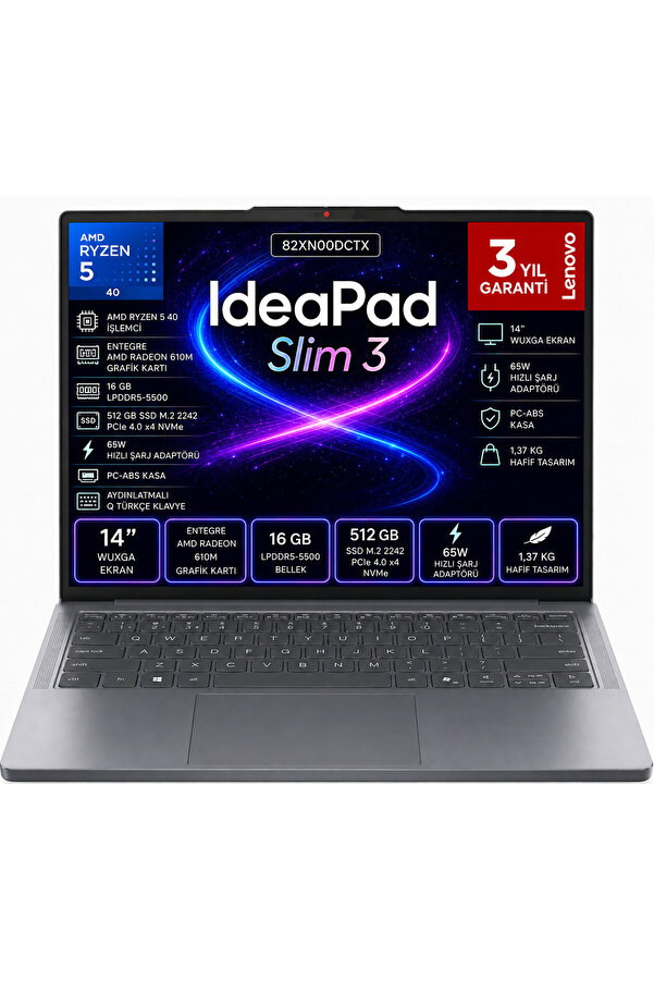 Lenovo Ideapad Slim 3 14AMN8 Ryzen 5 40 16 GB 512 GB Ssd Freedos 14 İnç IPS 82XN00DCTX