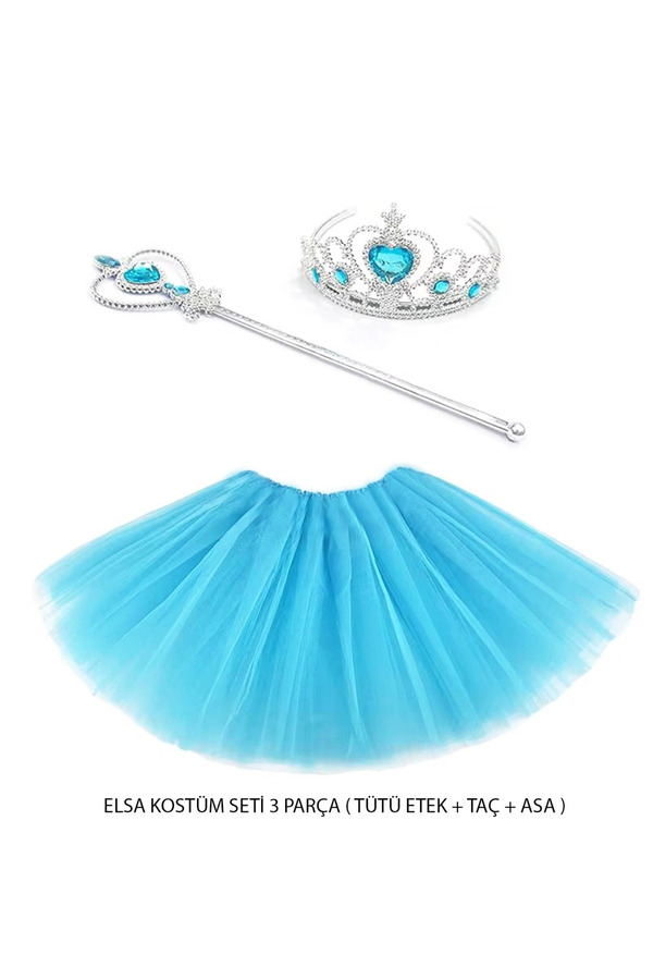 Evi̇mdeyokyok Mavi̇ Prenses Elsa Kostüm Seti̇ 3 Parça (Tütü Etek + Taç + Asa )