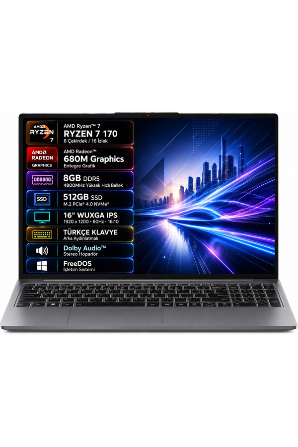 Lenovo IdeaPad Slim 3 16ARP10 83K800DKTR AMD Ryzen 7-170 8GB 512GB SSD 16" IPS Freedos
