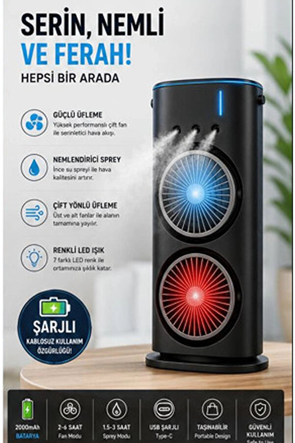 Evi̇mdeyokyok Çi̇ft Başlıklı Sprey Fan Nemlendi̇ri̇ci̇ Ve Renkli̇ Led Işıklı Si̇yah