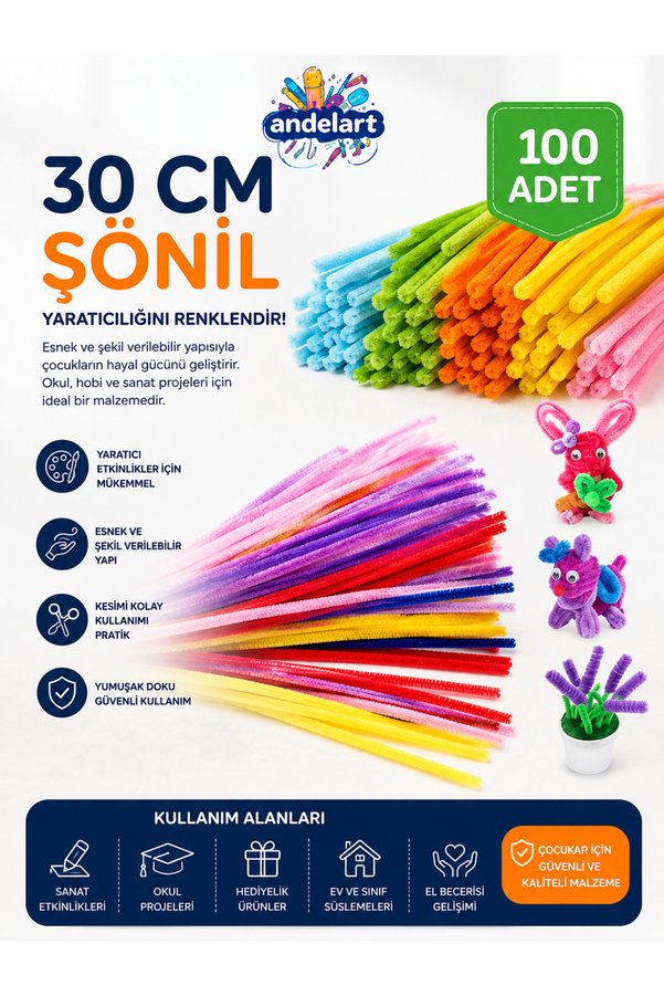 andelart 100’lü Ekonomik Renkli Şönil - 30 cm Tüylü Esnek Tel Çubuklar - Okul Öncesi Etkinlik ve Sanat Seti