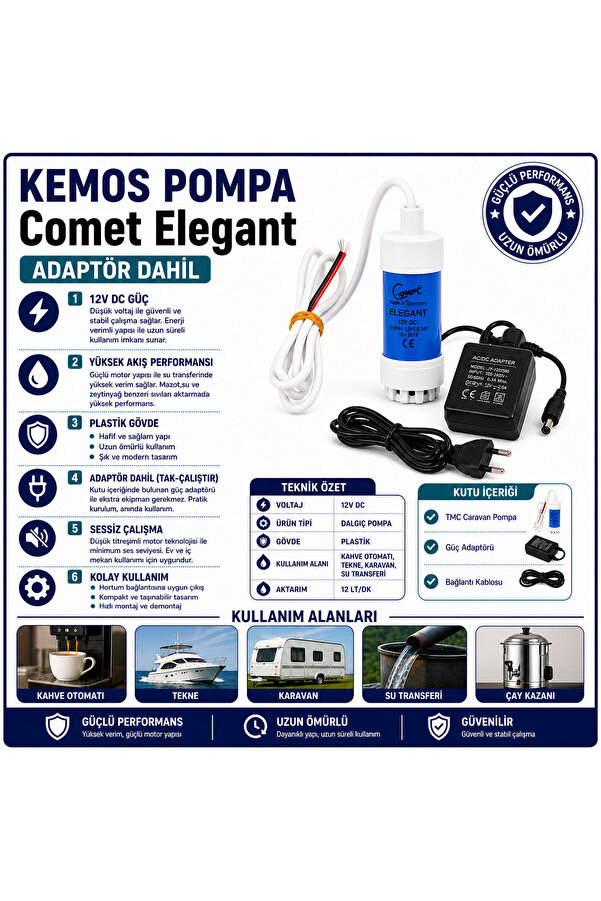 Kemos Elegant 220-12 Volt Mi̇ni̇ Dalgıç Adaptörlü Otomat (Sıvı Transfer) Pompası