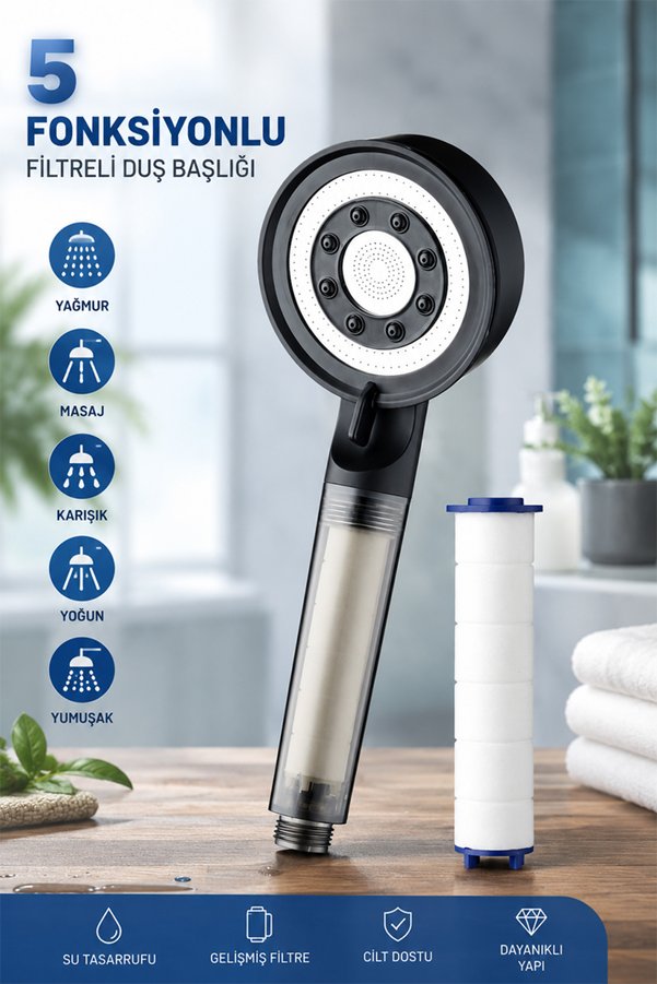 KUSTAR 5 Fonksiyonlu Su Tasarruflu Kireç Önleyici Filtreli Turbo Jet Duş Başlığı Siyah