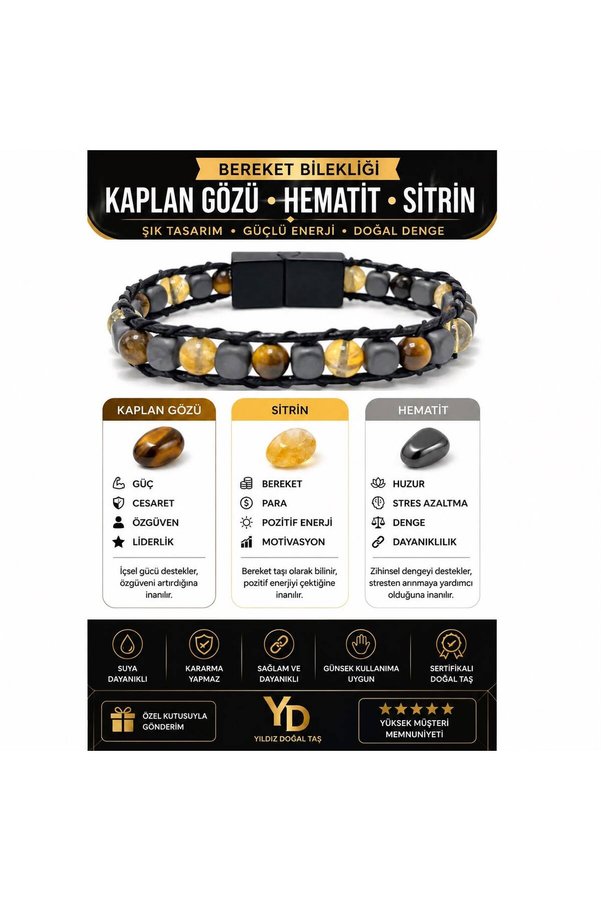 YILDIZ DOĞAL TAŞ Sertifikalı Bereket Doğal Taş 6mm Bileklik Sitrin Kaplan Gözü Hematit