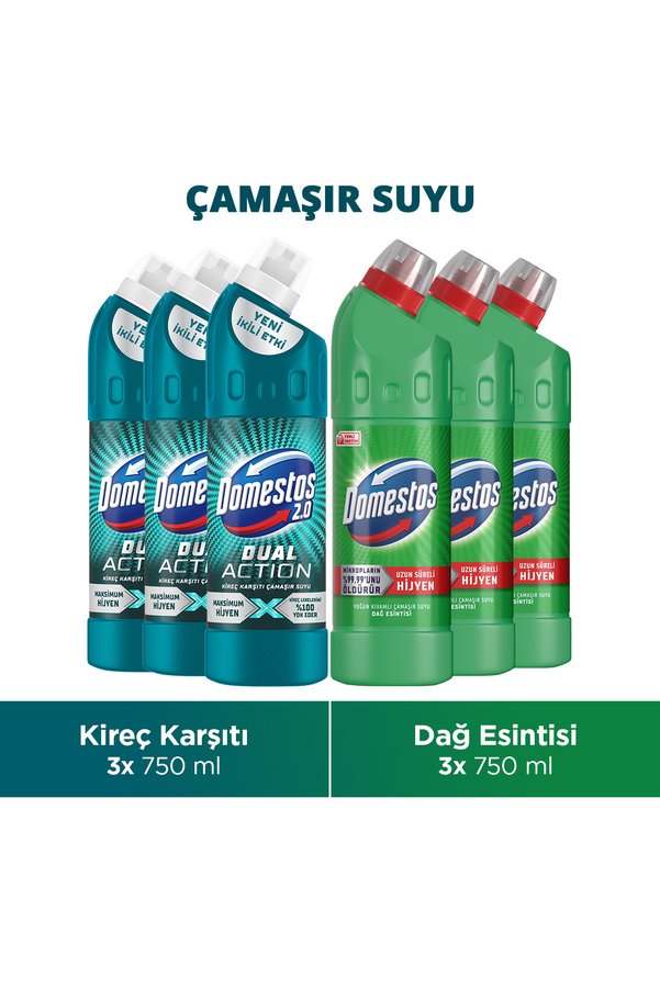 Domestos Dual Action Kireç Karşıtı Çamaşır Suyu 750ml x3 Çamaşır Suyu Dağ Esintisi 750ml x3