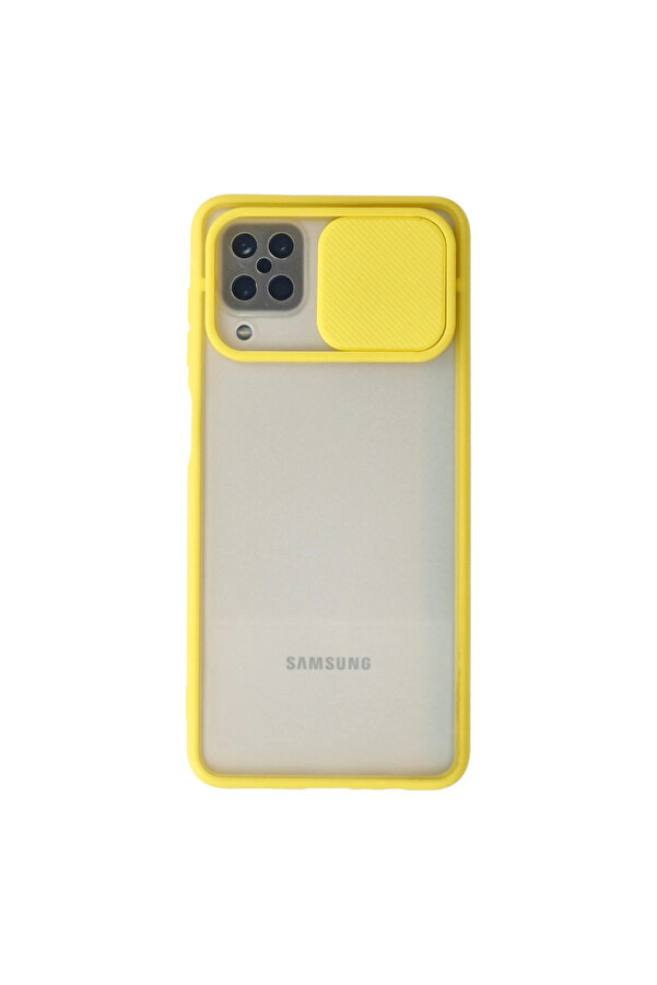 Evi̇mdeyokyok Samsung Galaxy A12 Kılıf Palm Buzlu Kamera Sürgülü Si̇li̇kon - Sarı