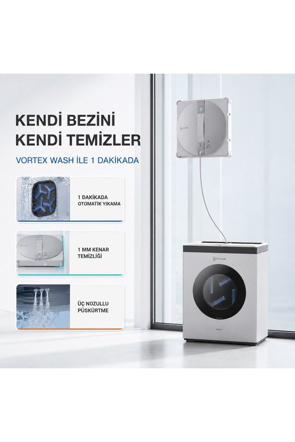 Ecovacs Akıllı Cam Silme Robotu ve Kendi Kendini Temizleyen İstasyon Üçlü Su Püskürtme 12 Aşamalı Güvenlik