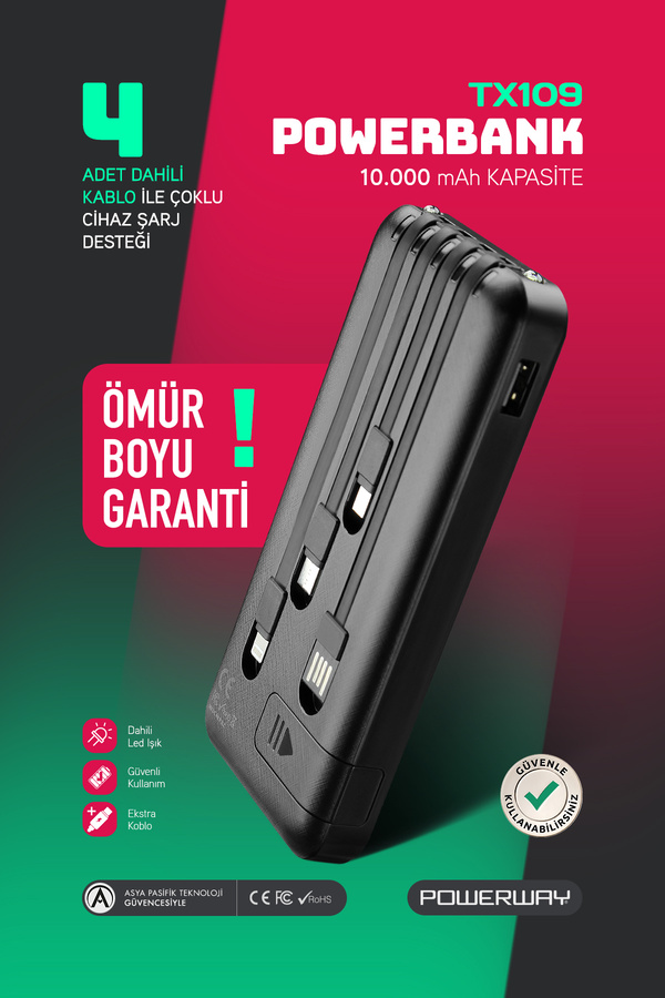 POWERWAY Orjinal 10.000 mAh Kendinden Kablolu ve Telefon Standlı Şarj Göstergeli Siyah Taşınabilir Powerbank