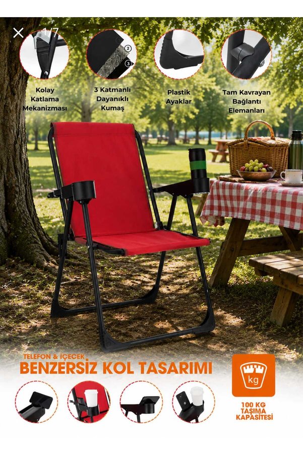 Armarks Taşınabilir Katlanır Kamp Sandalyesi Bardaklıklı – Kamp Plaj Ve Piknik Sandalyesi