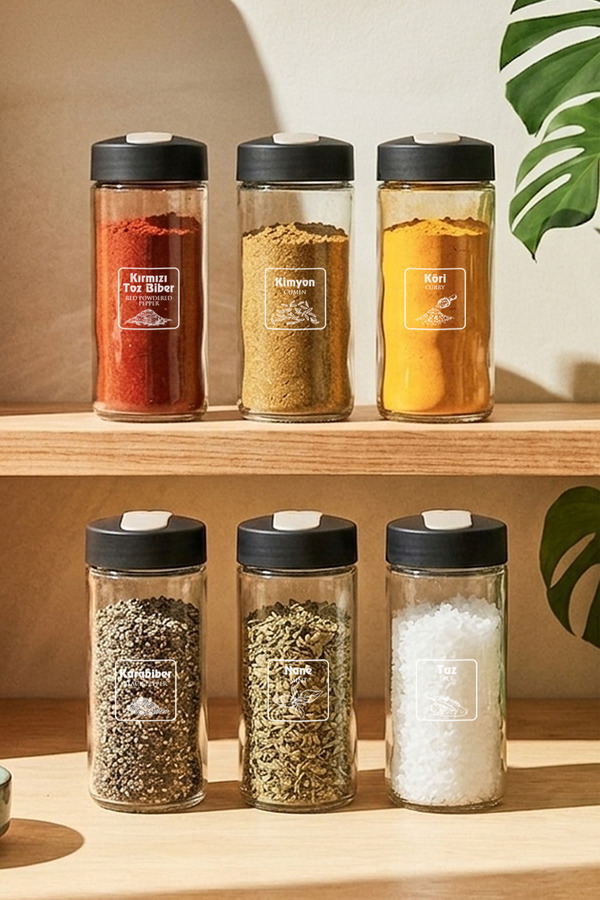 Kitchen Life 6'lı Ayarlanabilir Kapaklı Cam Baharatlık Seti 244 ml Cam Tuzluk Biberlik