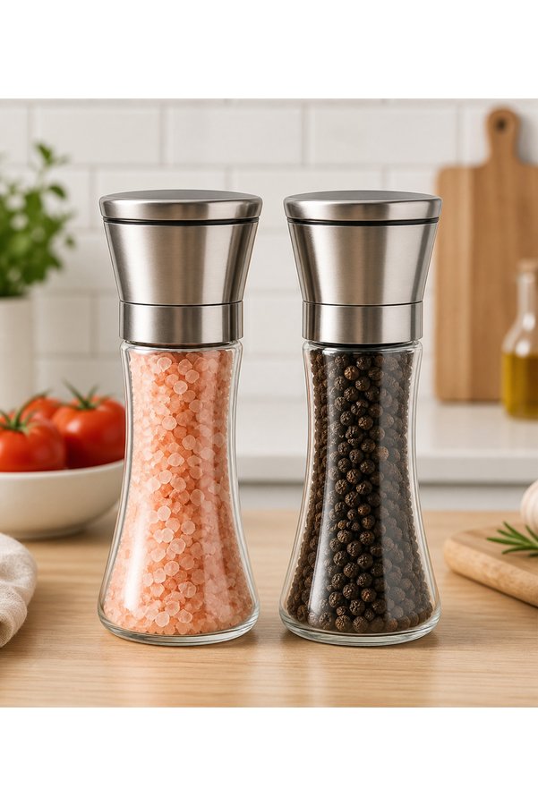 Vivien Home 2 Adet Cam Gövdeli Paslanmaz Çelik Kapaklı Tuz Karabiber Değirmeni Tuz Karabiber Öğütücü 19 Cm